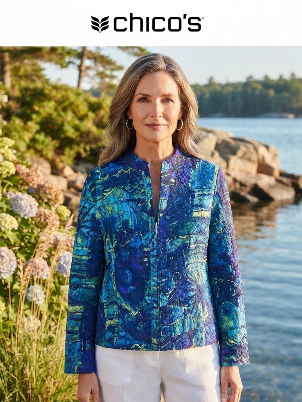 Chico's Blue and Green Quilted Print Silk Jacket